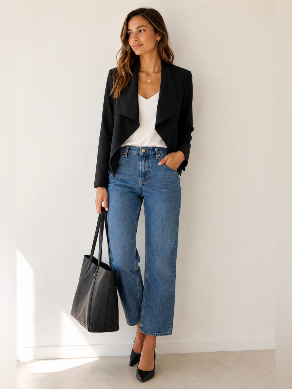 Minimalist Black Draped Waterfall Jacket Faux Leather Back Krisa M